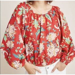 Anthropologie Maeve Lake House Red Floral Balloon Sleeve Peasant Top Size Small